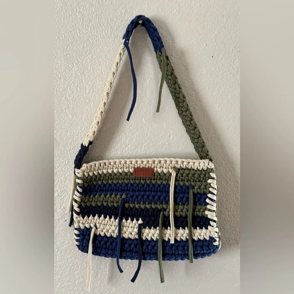 Crochet Should Bag Blue, Olive & Cream